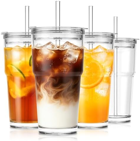 SoulTimes 20oz Clear Tumbler with bamboo Lid and Straw – Iced Coffee Glasses Cups for Smoothie, Matcha, Juice, Water etc. Leakproof and Reusable Glassware Drinking for Travel To Go 【4 Pack】 by SoulTimes