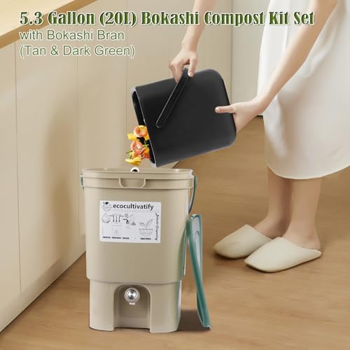 20L Bokashi Compost Bin, 5.28 Gallon Compost Bin for Kitchen Composter with Lid, Bokashi Start Kit with Bran (Tan & Dark Green) (20L/5.28GAL Tan & Dark Green) - Image 4