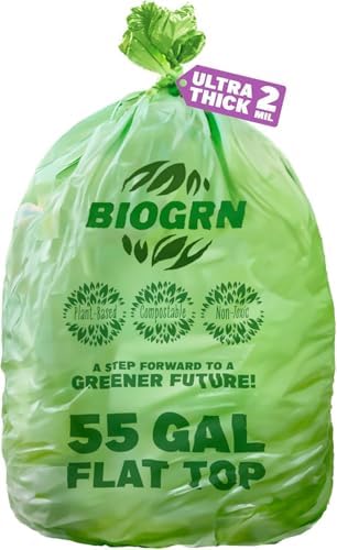 50-55 Gallon Compostable Trash Bags Food Waste Bags Liners with Flat-Top, Thick 2 Mil, 208.2 Liter, 12 Bags, Tall Kitchen Food Scrap Waste Bag, ASTM D6400, US BPI and OK Compost Home Certified by BIOGRN