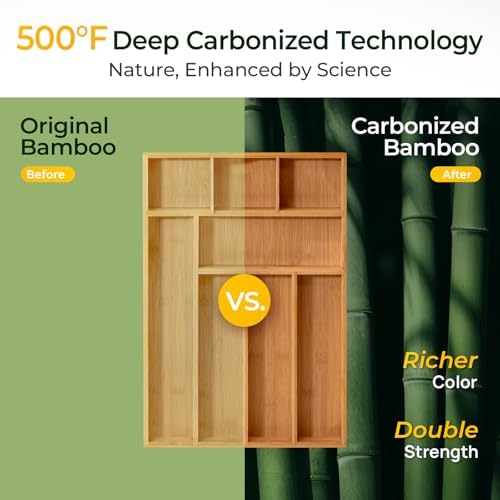 Carbonized Bamboo Kitchen Drawer Organizer, 8 Slots Silverware Organizer, Utensil Holder & Cutlery Tray, 2.2" Deep for Extra Capacity, Non-Slip Feet Included - Image 5