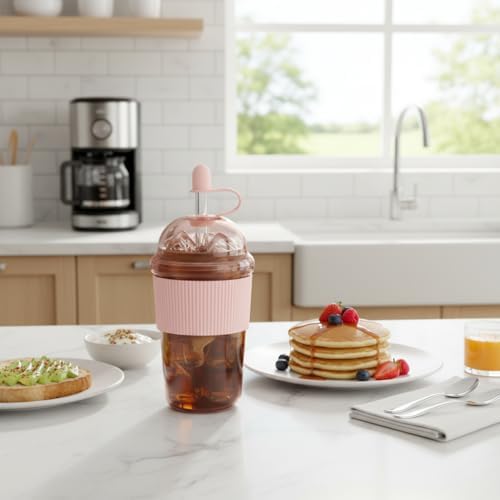 Reusable Iced Coffee Cups with Lids and Straws 17oz, Boba Cup with Straw, Tumbler with Silicone Sleeve for Cold Drinks, Iced Coffee, Bubble Tea - Pink - Image 2