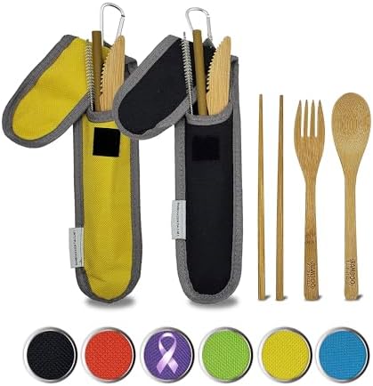 Travel Utensils with Case Set Fork, Knife, Spoon, Chopsticks, Straw, Straw-cleaning brush, Travel Pouch and Carabiner, Excellent For Everyday Use! ((2 Sets) Midnight Black/Sunrise Yellow) by Bamboo+Essentials%C2%AE