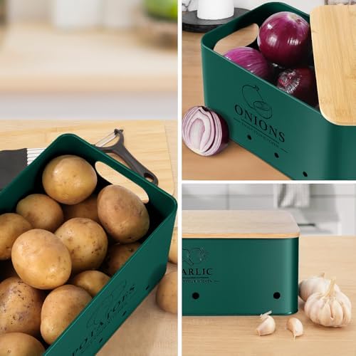 Kitchen Vegetable Storage Set of 3, Metal Onion Garlic Potato Storage Set, Kitchen Canisters Vegetable Keeper Containers with Aerating Holes and Bamboo Lid,Alpine Green - Image 6