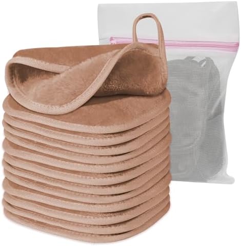 Natwag Makeup Remover Cloth, 6" x 6" Make Up Towels Reusable Face Cloth for Washing Face, Makeup Remover Pads Microfiber Face Washcloth with Mesh Bag, Just Water, 12 Pack, Light Brown by Natwag