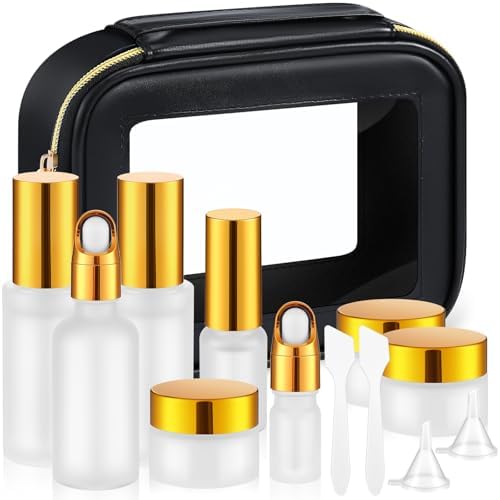 Jingmore 13 Pcs Glass Skincare Travel Containers Mini Makeup Containers Travel Size Toiletries Bottles with Pump Spray and PU Leather Toiletry Bag for Liquid Serum Cream Moisturizers Oils(Gold) by Jingmore