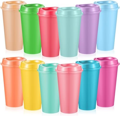 FillTouch 12 Pcs 16 oz Reusable Coffee Cups with Lids, Soft Tones by FillTouch