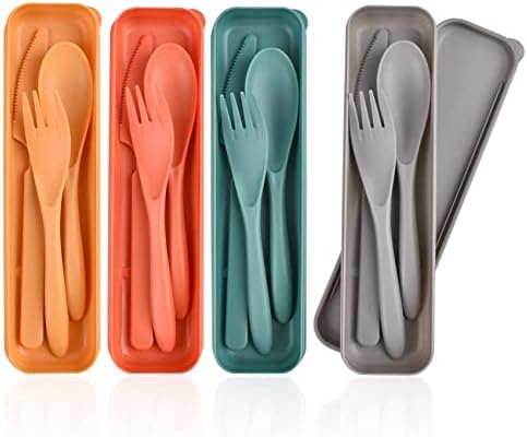 Reusable Travel Utensils Set with Case, 4 Sets Plastic Portable Cutlery Set by CUNTAUK