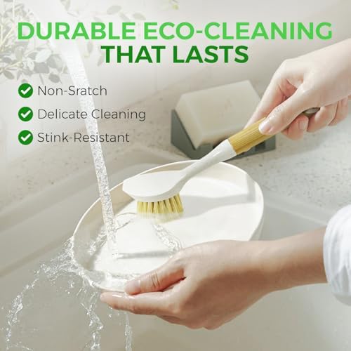 AIRNEX Bamboo Dish Brush Set of 2 - Dishwasher Brush w/Handle Made of Wheat Straw & Sisal Bristles - Non Scratch Kitchen Scrub Brush for Dishes, Pots & Pans - Dish Scrubber w/Plastic Free Bristles - Image 3