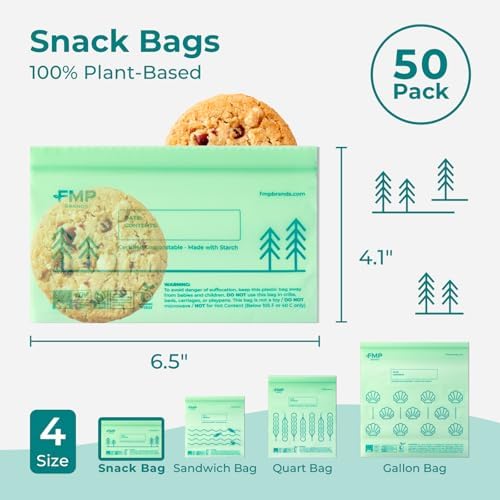Fit Meal Prep 50 Pack 100% Compostable Snack Bags, 6.5 x 4.1" Resealable Food Storage Bags Snack Size, Plant-Based Freezer Bags for Food, ASTM D6400, US BPI & EU OK Compost Certified - Image 2