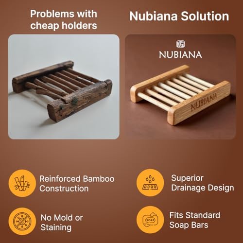 Nubiana Bamboo Soap Dish for Shower, Set of 2 Drainage Tray, Eco-Friendly - Image 3