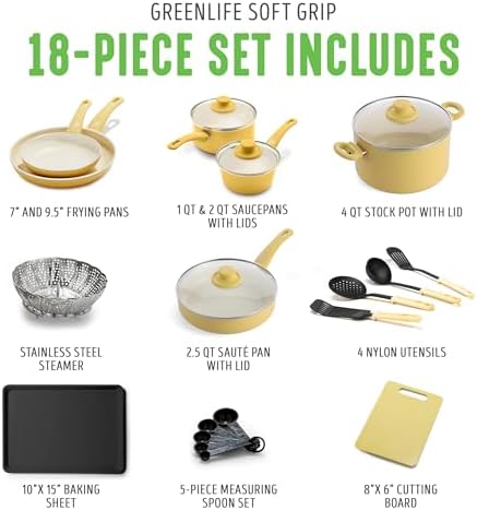 GreenLife Soft Grip Healthy Ceramic Nonstick 18 Piece Kitchen Cookware Pots and Frying Sauce Saute Pans Set, PFAS-Free with Kitchen Utensils and Lid, Dishwasher Safe, Yellow - Image 3
