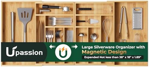 Large Silverware Organizer, 13 Slots Magnetic Connected Expandable Bamboo Utensil Drawer Organizer From 21 to 37.4 Inches, Adjustable Flatware and Cutlery Holder, Utensil Tray for Kitchen Natural by Upassion