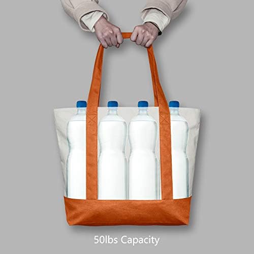 TOPDesign 1-Pack Canvas Tote Bag with an External Pocket, Reusable Grocery Shopping Bag, Top Zipper Closure, Daily Essentials (Orange/Natural) - Image 6
