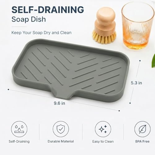 MicoYang Silicone Soap Dish with Drain Spout — Self-Draining Sink Organizer Tray for Bathroom & Kitchen, Sponges, Dispensers & Soap Holder, Non-Slip & Dishwasher Safe, Grey (Medium, 9.6"×5.3") - Image 2