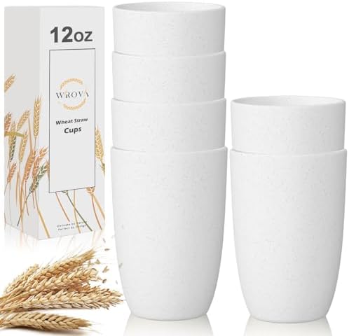 Wrova Wheat Straw Cups Set of 6 Good Alternative to Plastic Cups Reusable 12 oz Unbreakable Drinking Cup Reusable Dishwasher Safe Water Plastic Kitchen Glasses - White by WROVA
