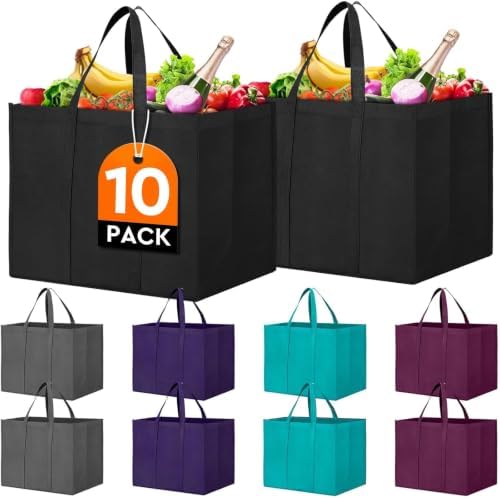 Reusable Grocery Shopping Bags 10 Pack Large Foldable Tote Bags Bulk by WiseLife