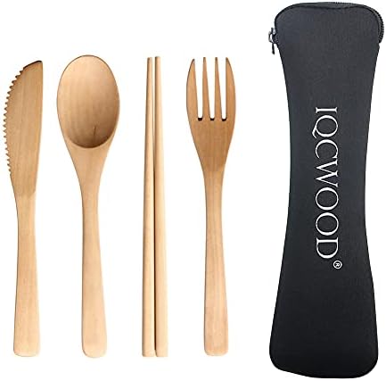 IQCWOOD Wooden Cutlery Set, 4 PCS Spoon Chopsticks Fork Knife for Eating by IQCWOOD