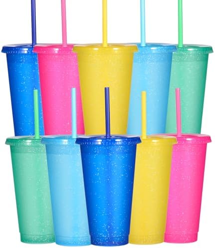 Suertestarry Tumbler with Straw and Lid,Water Bottle Iced Coffee Travel Mug Cup,Reusable Plastic Cups,Perfect for Parties,Birthdays,24oz-10 Pack (Sparkling, 10 pack) by Suertestarry