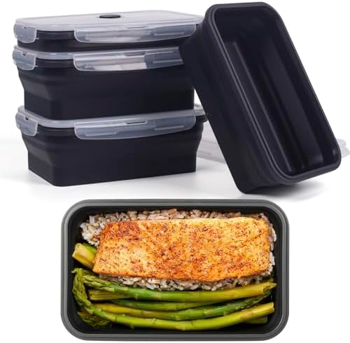 Collapsible Food Storage Containers with Lids, 4 Pack, 40 oz Silicone 1-Compartment Meal Prep Containers Reusable, Lunch Bento Boxes for Adults, Microwave Freezer Dishwasher Safe, BPA-Free, Black by Annaklin