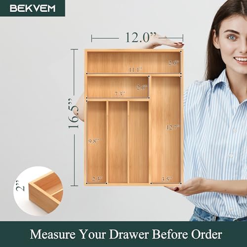 Bamboo Silverware Organizer, Kitchen Drawer Organizer, Utensil Holder, Cutlery Tray & Spoon Flatware Storage with Grooved Drawer Dividers (12''W x 16.5''D) - Image 2