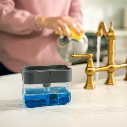 S&T INC. Dish Soap Dispenser and Sponge Holder for Kitchen Sink, Sponge Included, 13 Ounces, Grey - Image 4