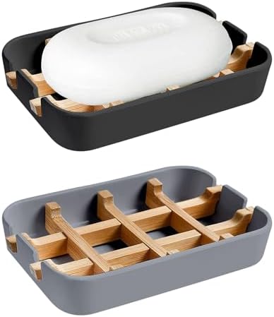 Aoheuo Modern Bamboo Fiber soap Holder and soap Dish Combination (Removable),5.12 Long by 3 Wide, 0.98 inches high, Used in Kitchens, bathrooms, and bar Sinks (Black,Gray) by Aoheuo