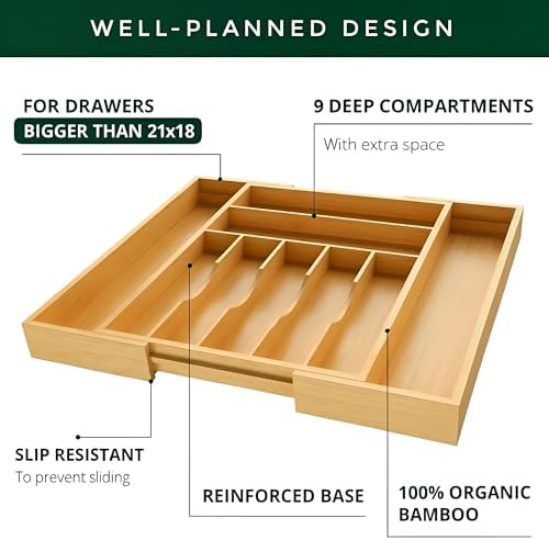 Bamboo Drawer Organizer – Expandable 9 Slot Silverware & Utensil Tray for Kitchen, Office & Kitchen –Fits 13”–19.6” Drawers, Natural Bamboo Wood, Deep Compartments - Durable & Eco-Friendly - Image 3