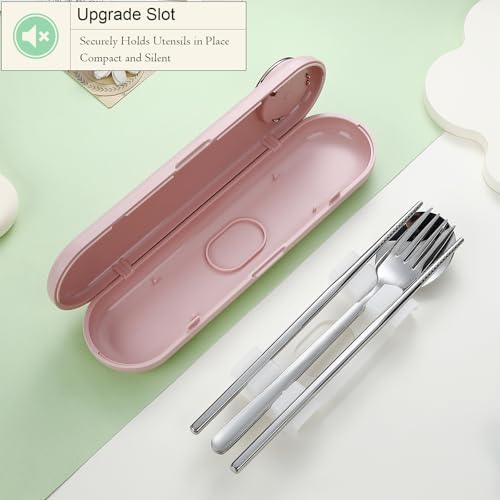 DEVICO Travel Utensils with Case Cute, Reusable Silverware for Lunch, 4Pcs Portable Cutlery Set, 18/8 Stainless Steel Fork Spoon Chopsticks in Cartoon Case, Dishwasher Safe (Pink) - Image 2