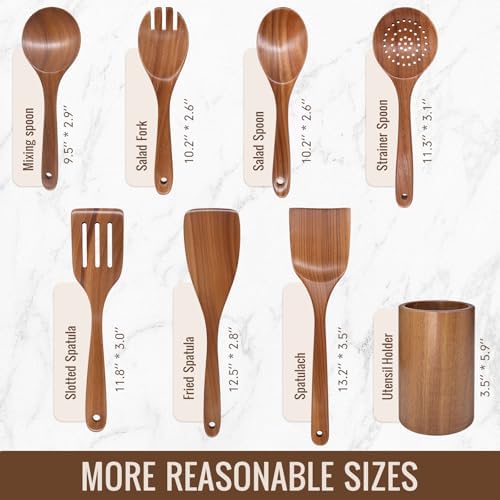Wooden Cooking Utensils Set with Holder, 8 Pcs Teak Wood Kitchen Utensils - Image 4
