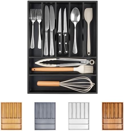 Bellsal Bamboo Silverware Drawer Organizer, Utensil Kitchen Drawer Organizer, Utensil Holder Cutlery Tray with Grooved Drawer Dividers for Kitchen Utensils and Flatware Bedroom Office (7 Slot, Black) by Bellsal