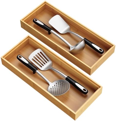 Bamboo Drawer Organizer, Stackable Utensil Trays for Kitchen, Wood Silverware Organizer for Drawer, Set of 2-15"x6"x2" by Bayting