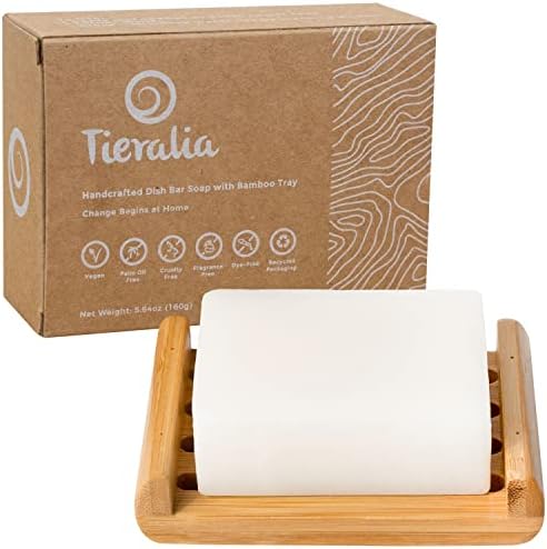 Dish Soap Bar with Bamboo Soap Dish Tray – Solid Dish Soap Block, Eco Friendly Non Toxic Plant Based Dishwashing Soap, Fragrance Free, Zero Waste, Biodegradable Kitchen Soap (5.64 oz) by Tieralia