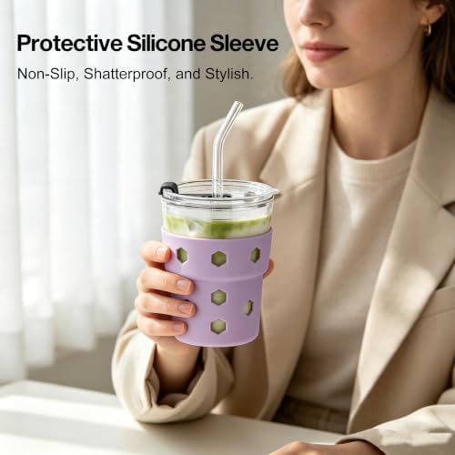 Mrsdry 12oz Iced Coffee Cup with Lids and Straws, BPA Free Reusable Glass Coffee Cups with Silicone Sleeves for Coffee, Iced tea, Thick Wall Glass Cup - Image 5