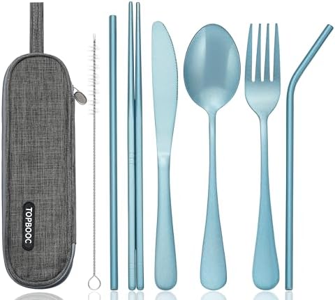 Portable Stainless Steel Flatware Set, Travel Camping Cutlery Set, Portable Utensil Travel Silverware Dinnerware Set with a Waterproof Case (Light Blue) by Topbooc