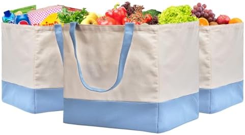 Reusable Grocery Bags Heavy Duty, 8.3 gal Foldable Large Canvas Tote Bag with Handles, Holds 60 lbs Canvas Shopping Bags, 3 Pack（Off White+Light Blue） by CNaiyunpin
