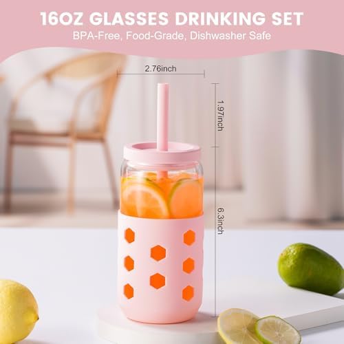 Mrsdry 16 oz Glass Cups with Lids and Straws for Gift, 4-Pack, Mint - Image 6