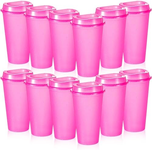 FillTouch 12 Pcs 16 oz Reusable Coffee Cups with Lids, Glitter Rose Red by FillTouch