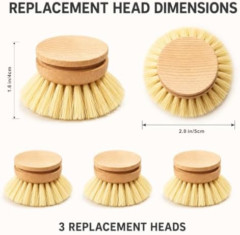 Natural Bristle Dish Brush Refill Heads, 3 Pack, Heads Only - Image 2