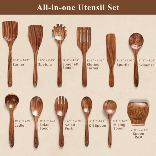 Wooden Spoons for Cooking, 12 Pcs Teak Wood Kitchen Utensils Set with Spoon Rest - Nonstick Heat Resistant Wooden Cooking Utensils, Natural Healthy Spatula Set for Pots and Pans - Image 2