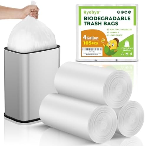 Biodegradable Small Trash Bags 4 Gallon, 105 Count Unscented Small Garbage Bags, Easy Tearing Bathroom trash bags for Bathroom Bedroom Office Kitchen, White by RYOBYOTRASHBAGS
