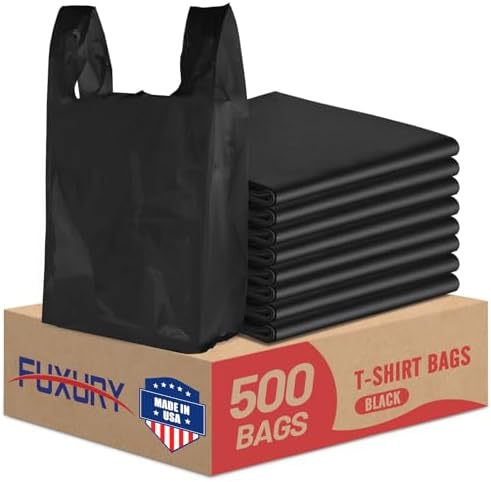 Fuxury 500 Count Plastic Grocery Shopping T-shirt Bags Black with Handles by Fuxury