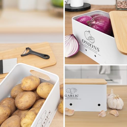 Kitchen Vegetable Storage Set of 3, Metal Onion Garlic Potato Storage Set, Kitchen Canisters Vegetable Keeper Containers with Aerating Holes and Bamboo Lid,White - Image 4