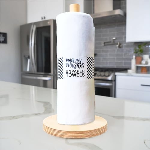 Marley's Monsters UNpaper® Towels + Holder - 24 Reusable 12x10in Cotton Flannel Cloths with 6in Wood Base & Dowel - Machine Washable, Sustainable for Kitchen Cleaning, Spills & Chores - Image 5