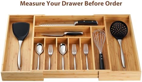 Umilife Extra Large Expandable Kitchen Siverware Utensils Drawer Organizer, 19" Deep for Big Drawer, Adjustable Bamboo Wood Drawer Divider with Curved Grooves, Cutlery Tray Flatware Holder - Image 5