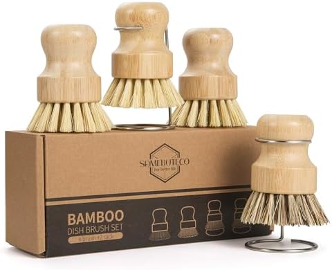 SAMEBUTECO 6-Piece Bamboo Dish Brush Set with 2X Fast-Dry Stainless Steel Holder,3xNatural Sisal Bristle Brush & 1xPalm Bristle Kitchen Cleaning Brushes for Dishes, Pots, Pans & Sink by HOME