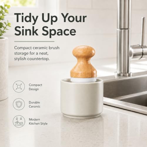 ONEMORE Bamboo Dish Brush with Ceramic Foaming Base, Kitchen Sink Scrub Brush Set with Spring and Mesh Insert, Wooden Handle Dishwashing Brush for Pots Pans Plates Bowls, Gray - Image 2