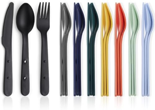 Kyraton Travel Utensils Set for 8, Reusable Plastic Spoons Forks Knives Snapped Together for Portable & Space-Saving Design Cutlery Silverware for Travel, Picnic, Camping, Work, Lunch Boxes by Kyraton