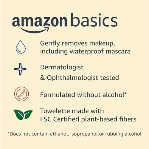 Amazon Basics Makeup Remover Wipes, Fragrance-Free, Alcohol-Free, Gentle Cleansing, Plant-Based, Dermatologist Tested, Removes Waterproof Mascara, Resealable, 25 Count, 1-Pack - Image 3