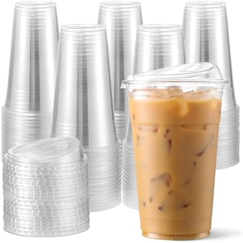 AOZITA 100 Pack 16 oz Plastic Cups With Strawless Sip-Lids, Iced Coffee Cups With Lids BPA Free, Disposable Clear Cups, To Go Cups for Smoothies, Party Drinks, Bubble Tea, Cold Beverage by AOZITA