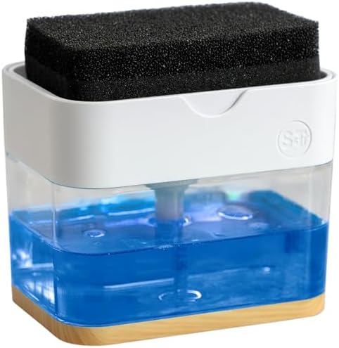 S&T INC. Dish Soap Dispenser and Sponge Holder, Plastic Bamboo and White by STINC